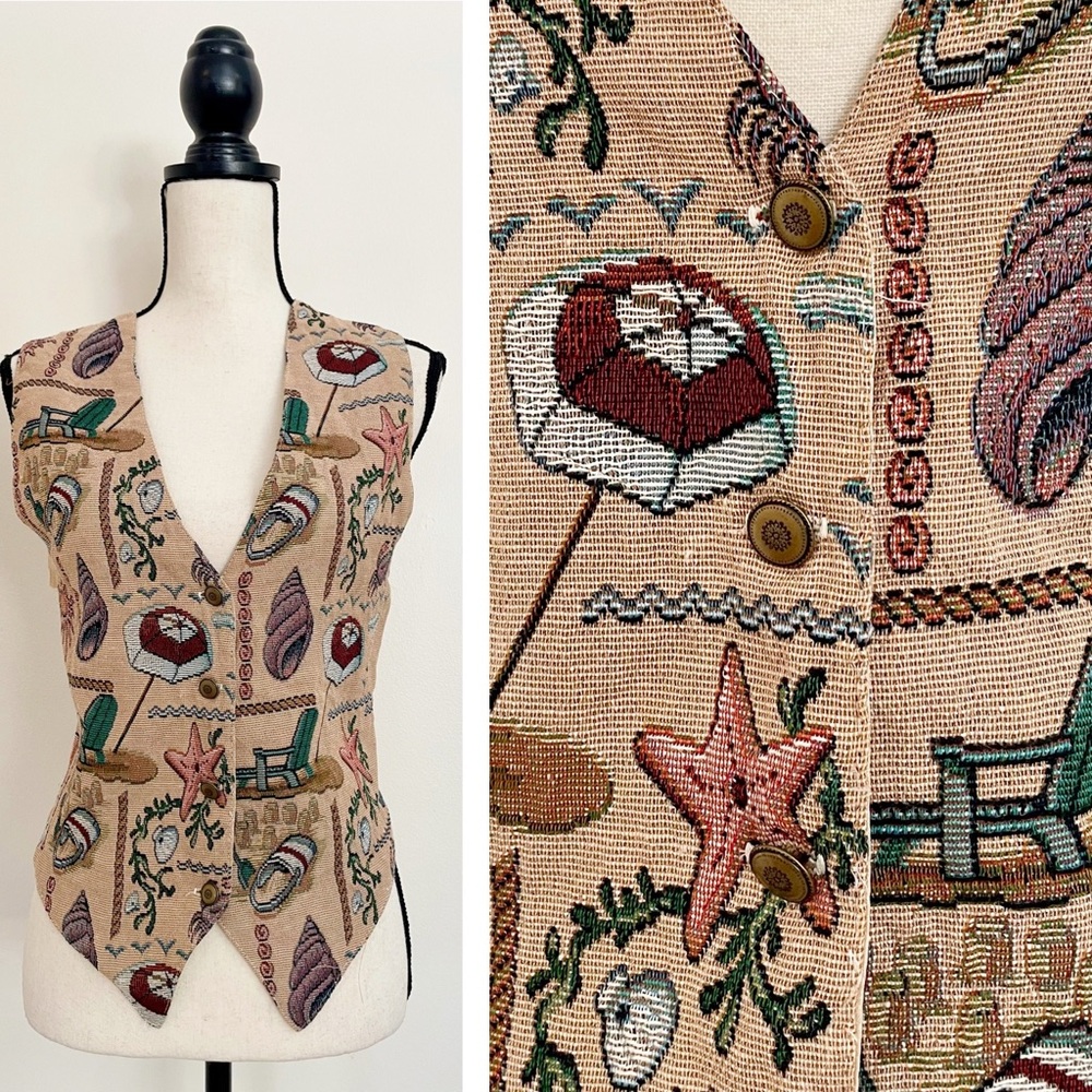 Vintage 90s Seaside Tapestry Button Up Vest